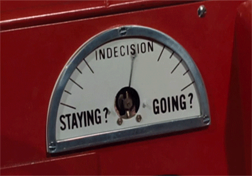 Image of a gauge with the needle between 'Staying?' and 'Going?'