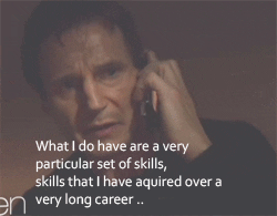 Liam Neeson on the phone explaining his career qualifications