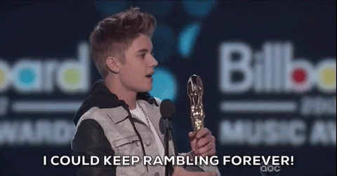 Justin Bieber speaks into a microphone while the text reads, “I COULD KEEP RAMBLING FOREVER!”