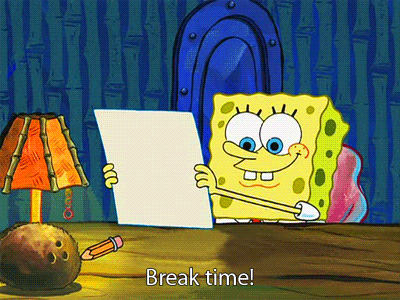 Spongebob Squarepants putting piece of paper on a desk.