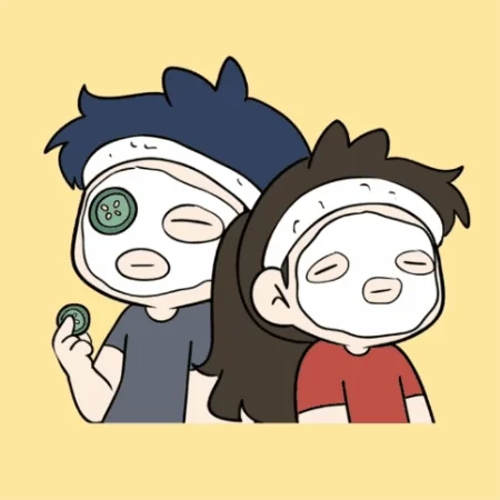 Two cartoon characters are chilling with face masks. One’s got a cucumber on their eye, the other’s casually eating theirs.