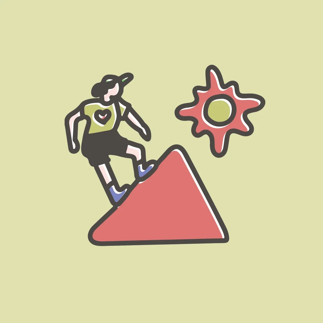 A person walking up a mountain with a sun in background.