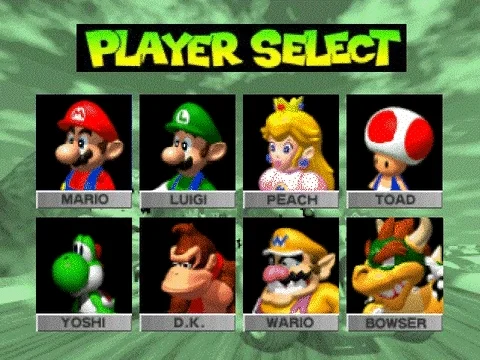 The Player Select menu of Mario Kart. Characters appear: Mario, Luigi, Peach, Toad, Yoshi, Donkey Kong, Wario, and Bowser.