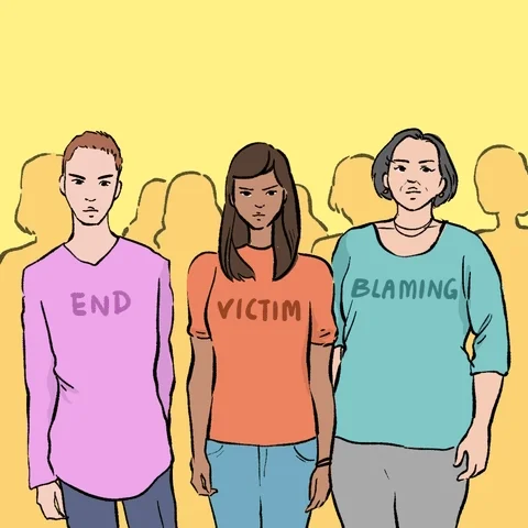 An animation depicting three people individuals with t-shirts that read 'end victim blaming'.