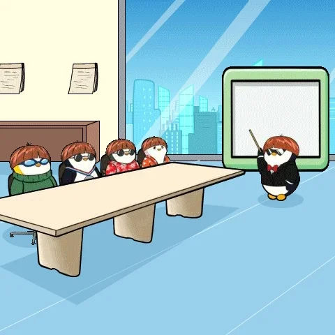 Four penguins sitting at the desk and facing a penguin instructor pointing at the board with a stock market arrow going up.