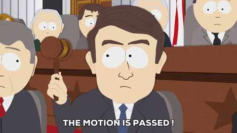 South Park lawyers saying, 'The motion is passed!' while banging a gavel