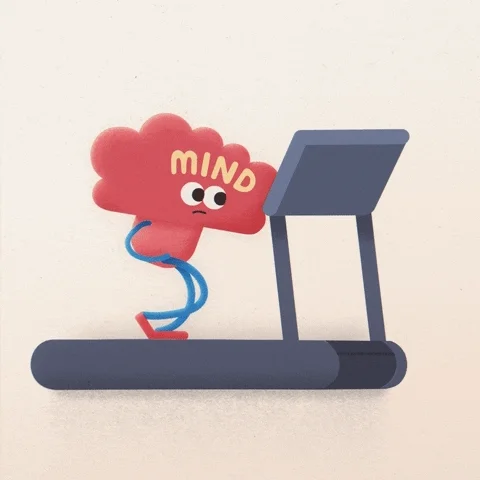 A cartoon mind character jogging on a treadmill.