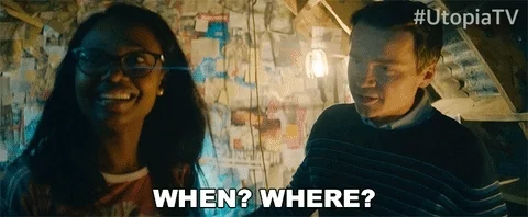 Two people are asking each other when? and where? Utopia GIF by Amazon Prime Video