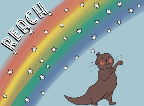 Animated otter dancing under a rainbow. Overlaid text flashes 