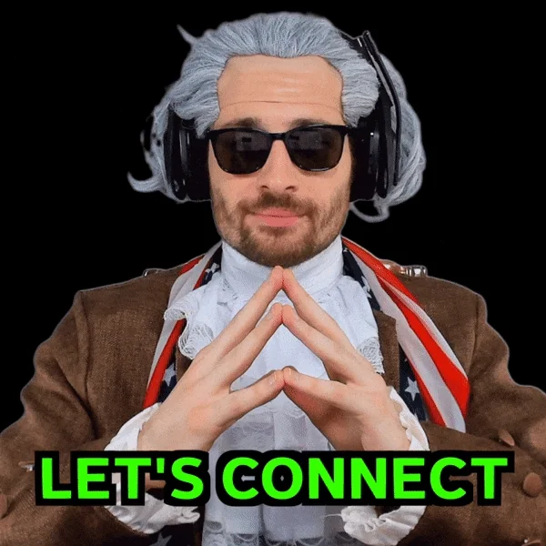 A man in an old fashioned coat and wig wearing sunglasses and headphones. The text reads: 
