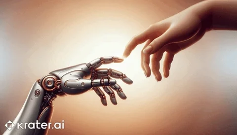 A robot hand and human hand touch fingers.