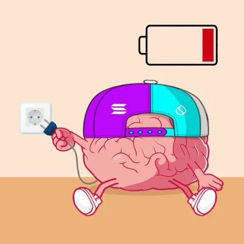 A cartoon brain wearing a baseball cap plugging itself into an outlet with a battery life indicator moving from red to green.