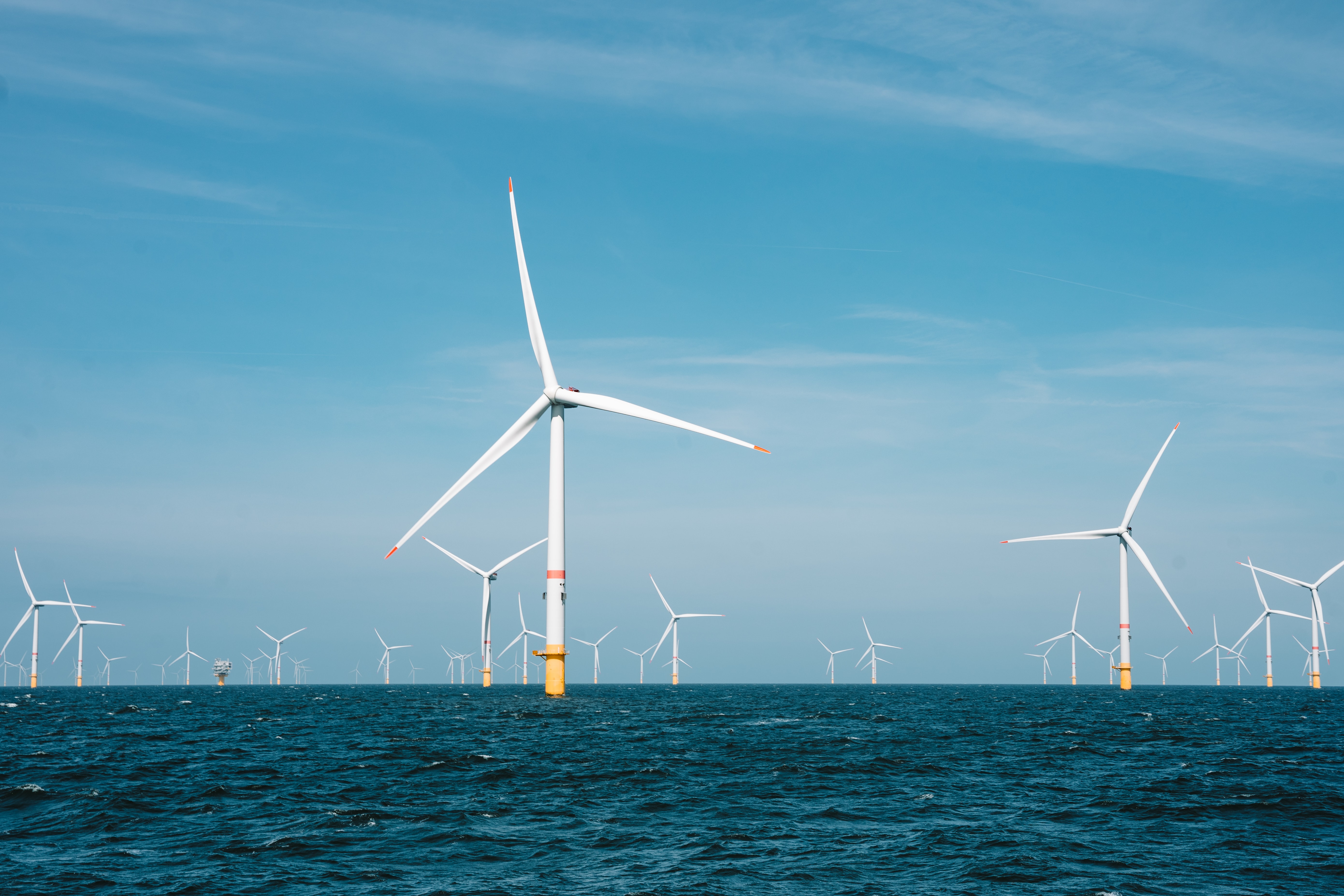 landscape showing sea and many offshore wind turbines