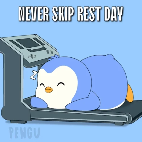 A penguin sleeping on a treadmill. The text reads: 