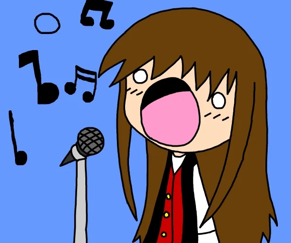 A humorous animation of a girl loudly singing into a microphone.