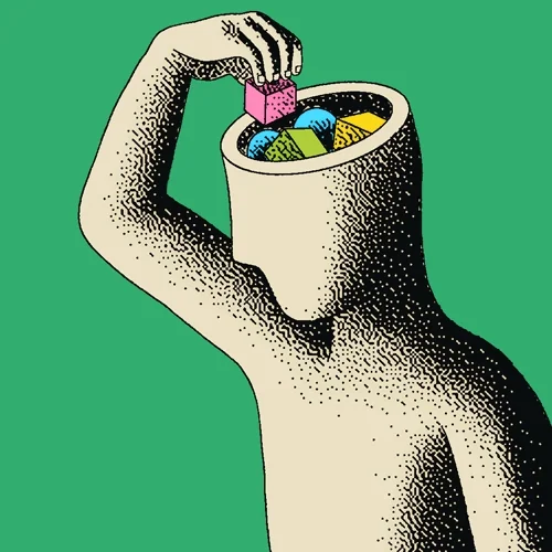 An animation loop of a person opening their mind and discovering different objects.