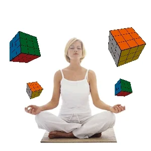 A woman doing a yoga pose while the a set of Rubik's cubs spin around her.