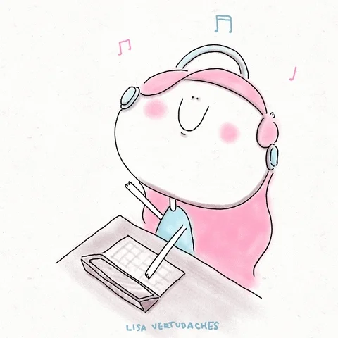 A stylized pastel animation of a girl listening to music while working on her computer