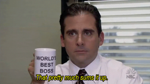 Micheal from The Office show holds 'worlds best boss mug'. Text reads: 'that pretty much sums it up.'