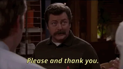 Nick Offerman, wearing a brown shirt, saying 