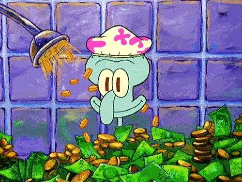 Squidward in a tub, being showered in money. 