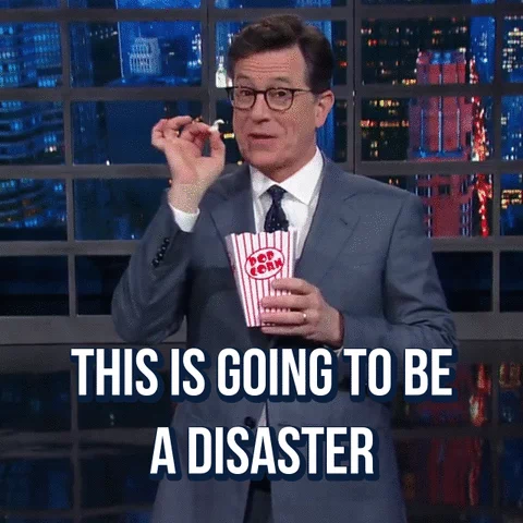 Steven Colber, a TV personality, eats popcorn and says 'This is going to be a disaster.'