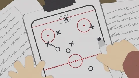 A cartoon character plots out a strategy for a hockey game on a markerboard.