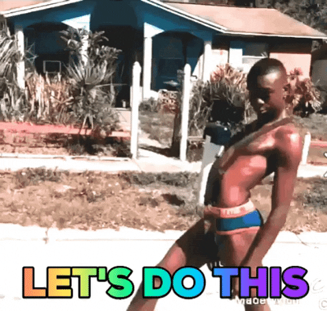 A man gliding down a sidewalk over the text, 'Let's do this' written in rainbow colors