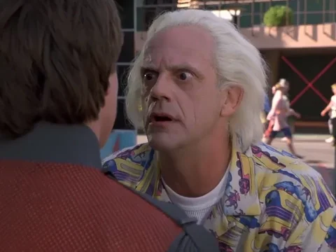 Doc from Back to the Future with wide open  eyes asking Marty, 
