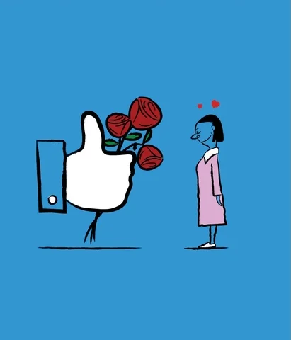 Someone greeted by a Facebook like button holding flowers.
