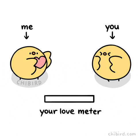 Animation of 2 yellow birds exchanging a pink heart with the caption 'your love meter, you are loved!'