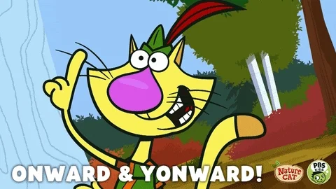 A cartoon cat in a forest says, 'Onward & yonward!'