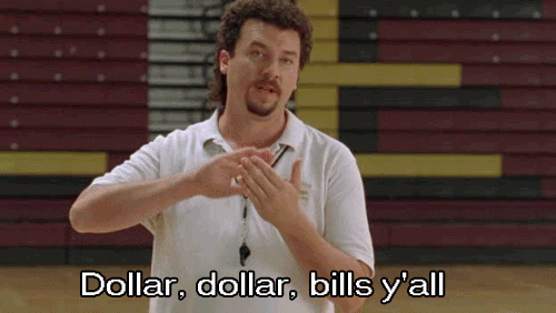 GIF of Dany Mcbride from Eastbound and Down motioning, 'Dollar, dollar, bills y'all.'