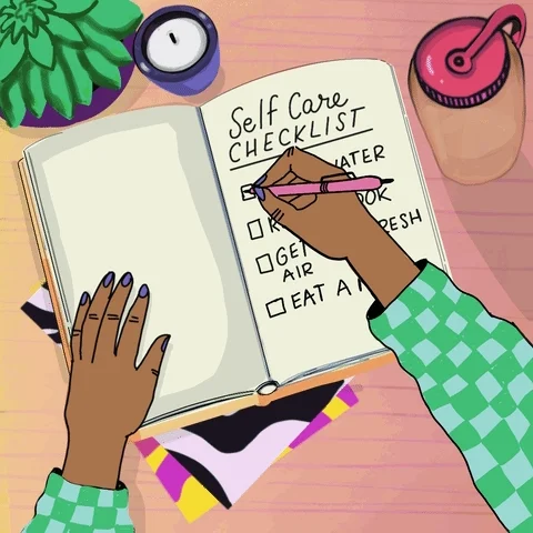 A self-care checklist gif ticking off each item: drink water, read a book, get some fresh air, eat a meal.