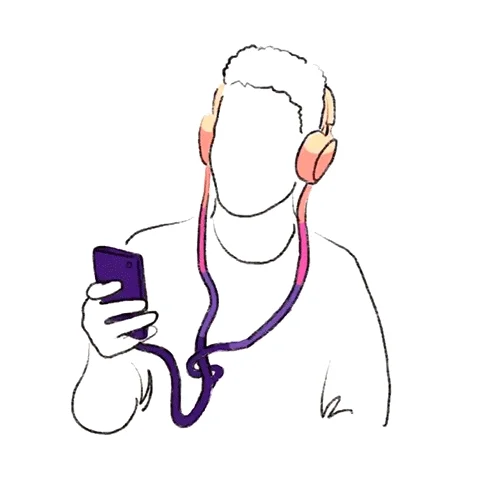 An animation of a person listening to a headphone recording