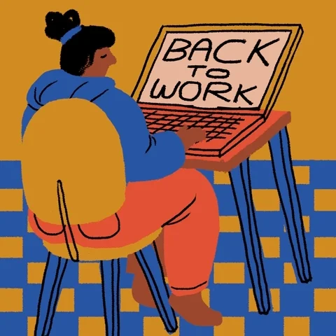 An animated graphic of a person falling asleep at their desk. Their laptop reads, 'Back to work'.