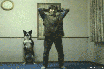 Man doing squats with his dog.