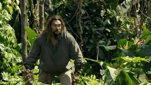 Jason Mamoa, in the movie Aquaman, running through a forest, jumping up and hitting the wall of an ancient stone structure.