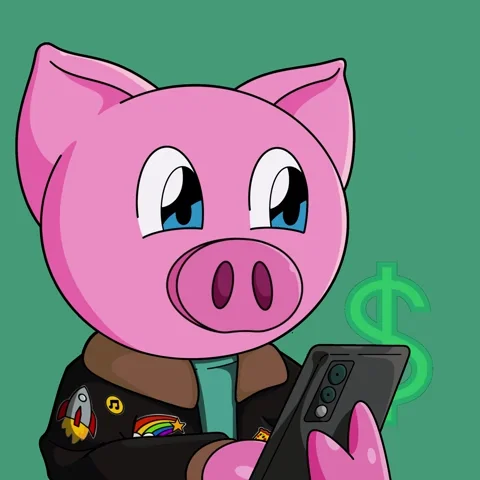 An animation of a pig scrolling through a banking app.