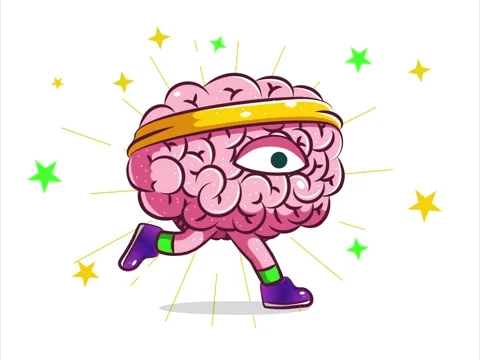A cartoon brain with eyes and legs walking with determination while wearing exercise clothing.