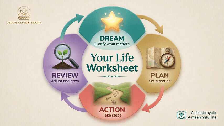 A life plan worksheet infographic with icons showing a cyclical process: Dream → Plan → Action → Review.