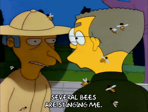Image of cartoon character from the show The Simpsons being stung by bees. 