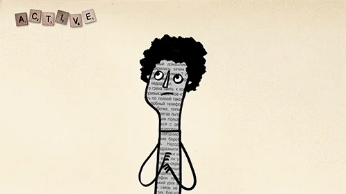 Animated GIF of a bilingual cartoon man who writes a word in both hands as he translates it.