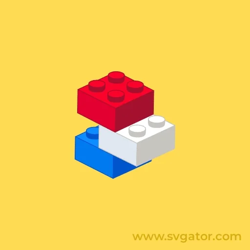 Three toy bricks in red, blue, and white hover, snap together into a vertical stack, and separate against a yellow background