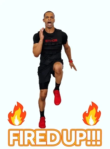A man running on the spot, with animated flames at his feet. The text reads