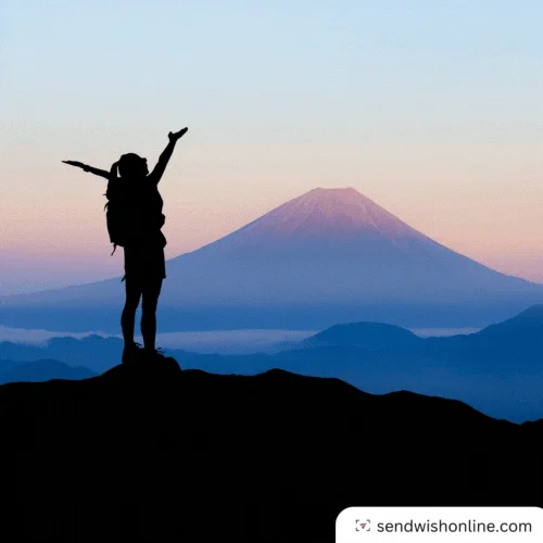 A person on top of a mountain while birds fly around her. The the text reads: 