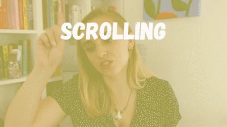 A woman making a scrolling action with text 'scrolling sprial of doom'