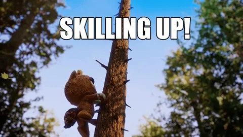 An animation of a raccoon climbing a tree. The text reads, 