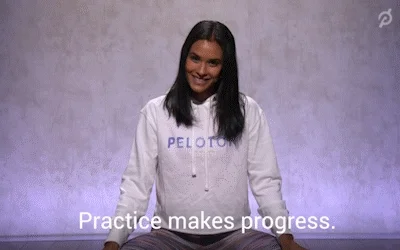 A woman in a yoga pose says, 'Practice makes progress.'