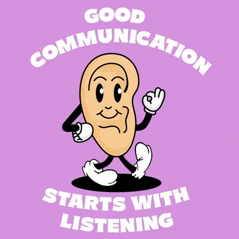  GIF of Human ear with a face, arms, and legs walking with this text around it "communication starts with listening" 